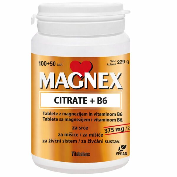 Vitabalans Magnex Citrat 375 mg + vitamin B6 tablete, 150 tablet
