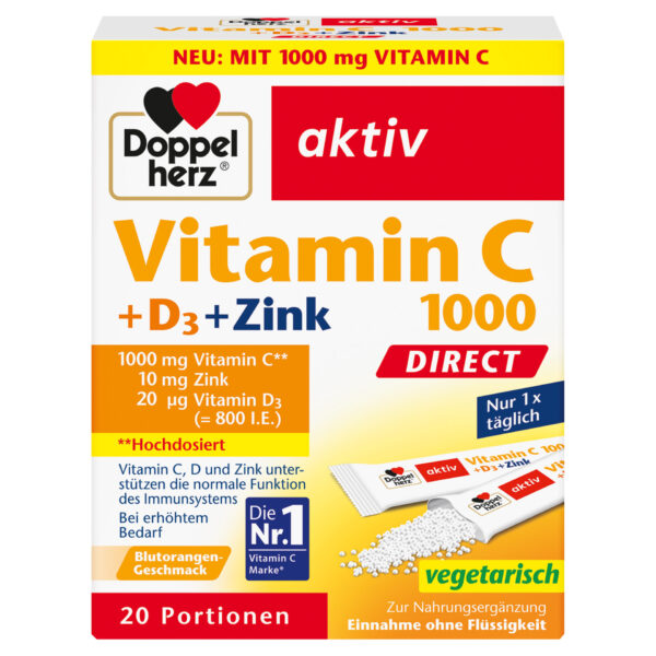 Doppelherz Aktiv Vitamin C 1000 + D3 + cink Direkt prašek, 20 vrečk