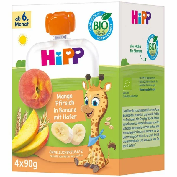 HiPP HiPPiS banana, mango in breskev z ovsom BIO, 4 × 90 g