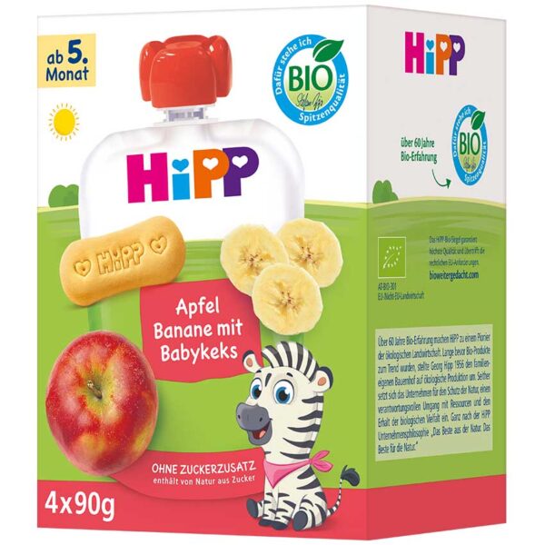 HiPP HiPPiS jabolko in banana s keksom BIO, 4 × 90 g