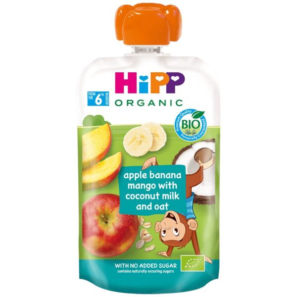 HiPP HiPPiS sadna blazinica jabolko, banana, mango, kokos in ovseni kosmiči BIO, 100 g
