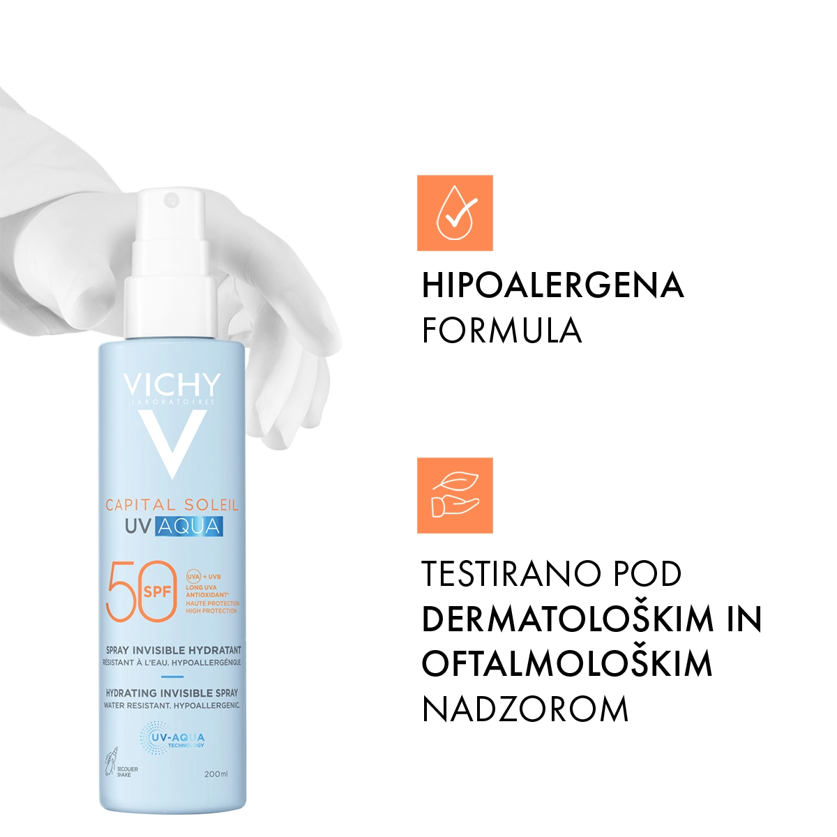Vichy Capital Soleil UV-Aqua nevidno vlažilno pršilo za obraz in telo ZF 50, 200 ml
