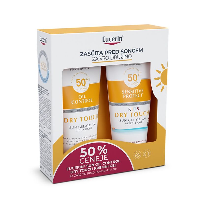 Eucerin Sun družinski paket: KIDS Sensitive Protect ZF 50+ (200 ml) + Oil Control Dry Touch ZF 50+ (200 ml)