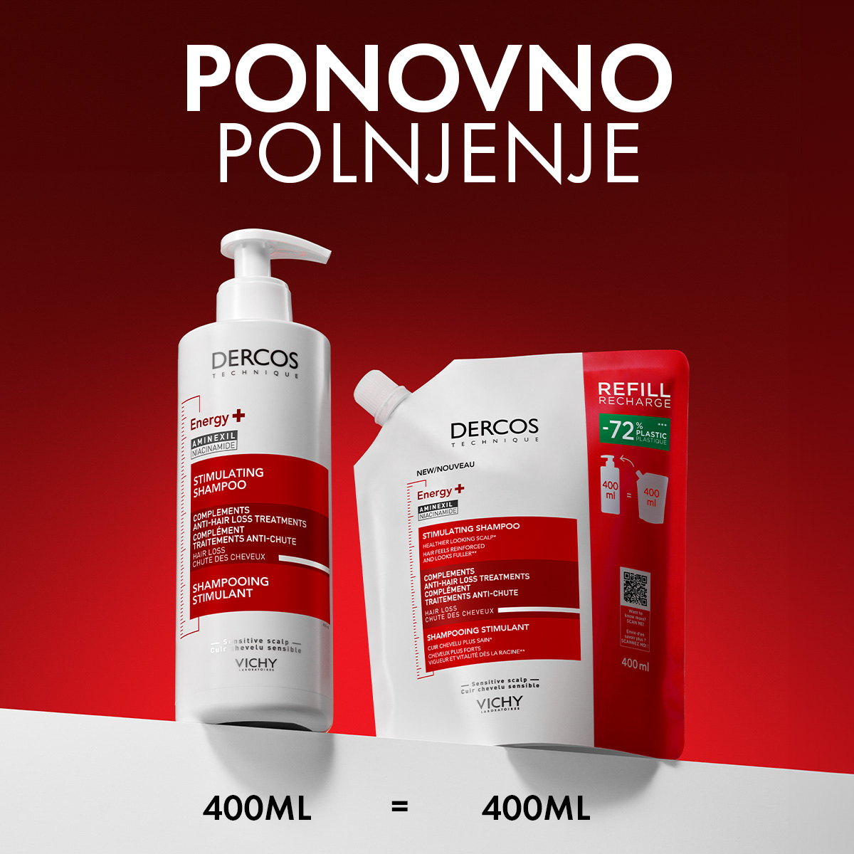Vichy Dercos Energy+ stimulativni šampon proti izpadanju las, 400 ml refill