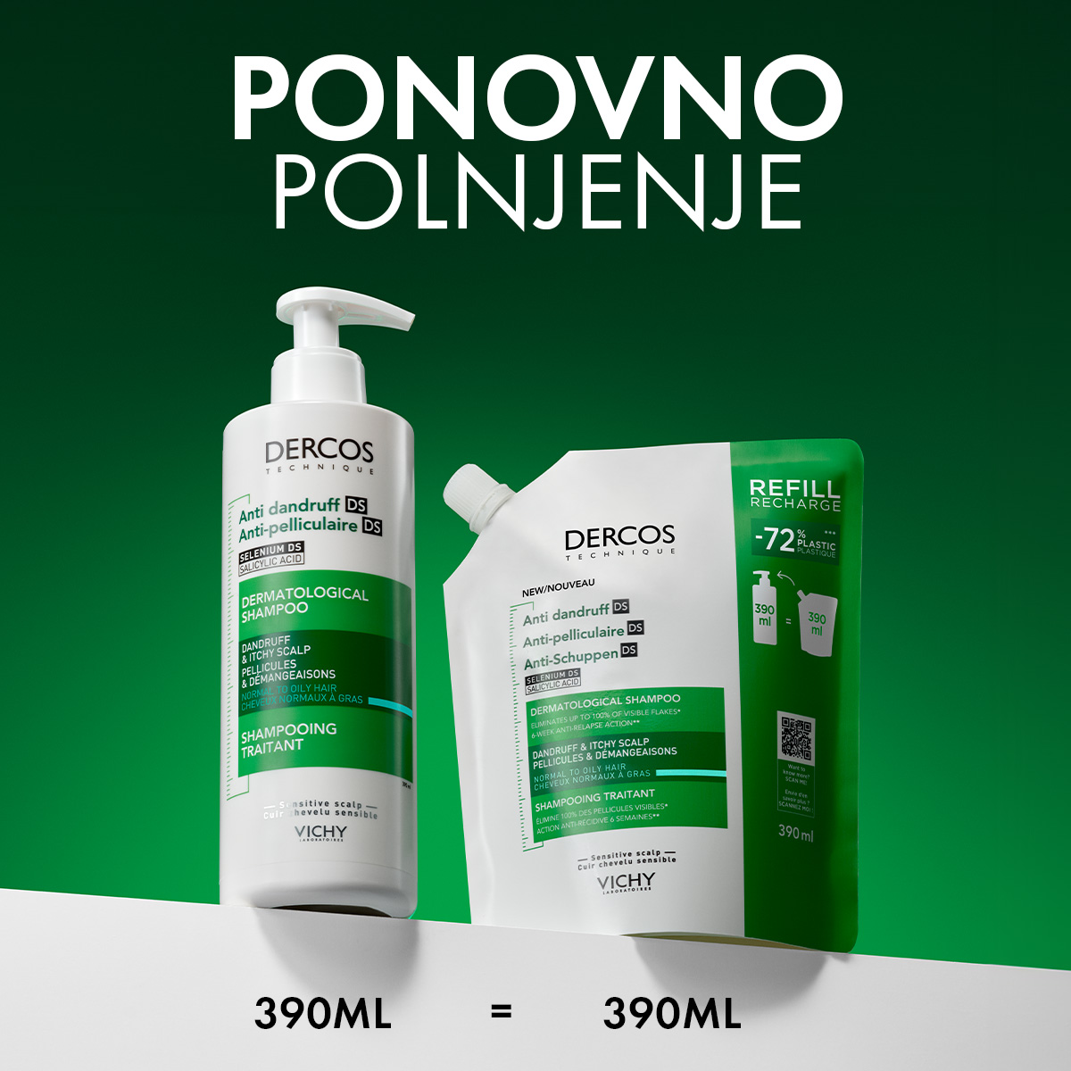 Vichy Dercos šampon proti prhljaju za normalne in mastne lase, 390 ml refill