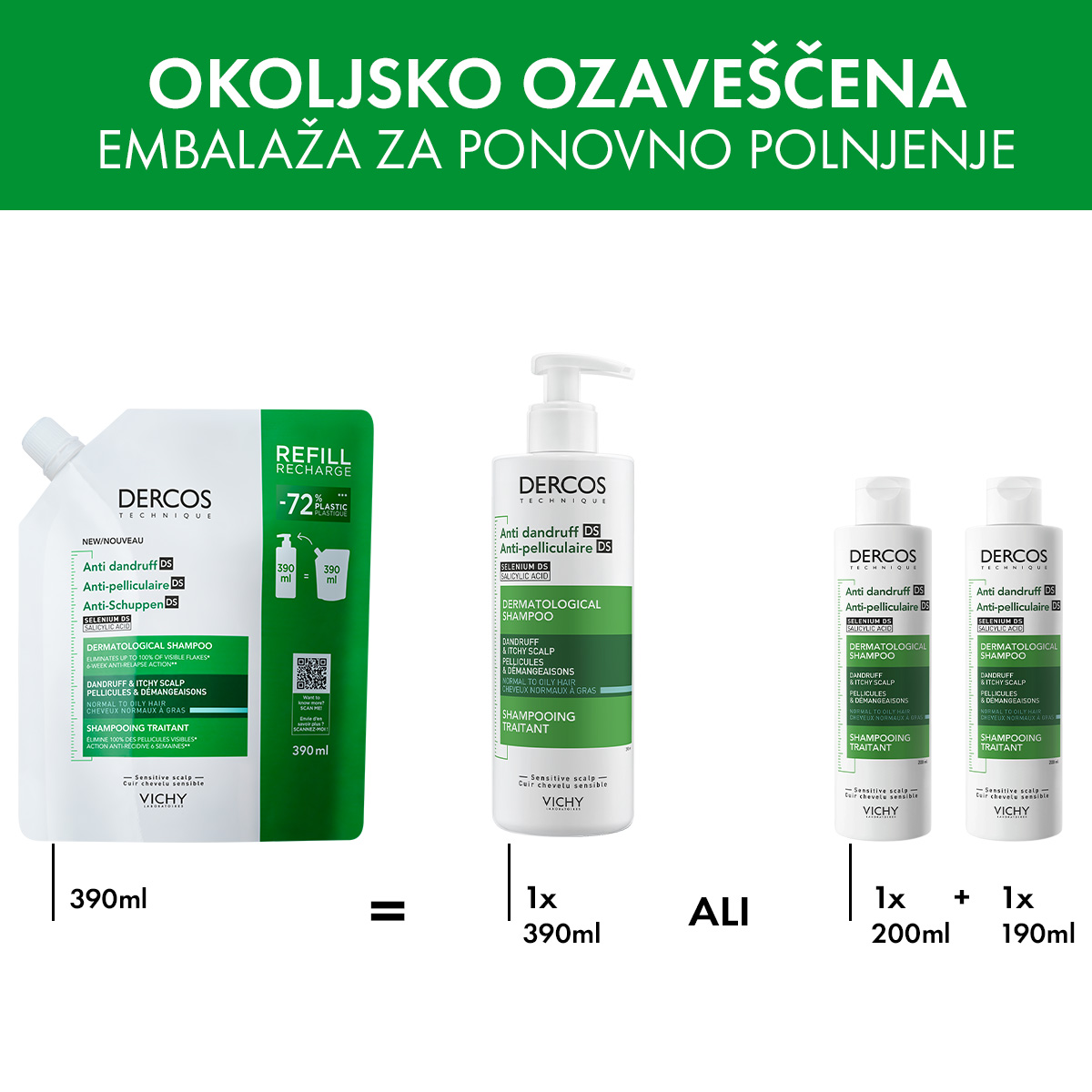 Vichy Dercos šampon proti prhljaju za normalne in mastne lase, 390 ml refill