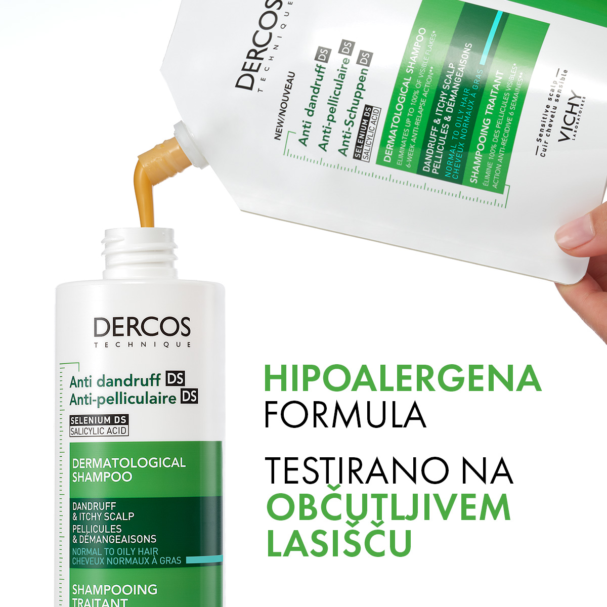 Vichy Dercos šampon proti prhljaju za normalne in mastne lase, 390 ml refill