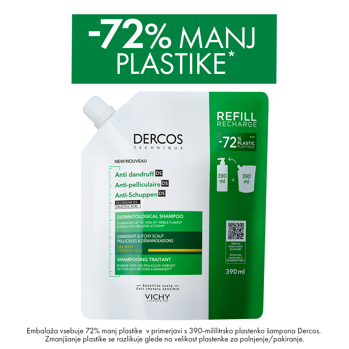 Vichy Dercos šampon proti prhljaju za suhe lase, 390 ml refill