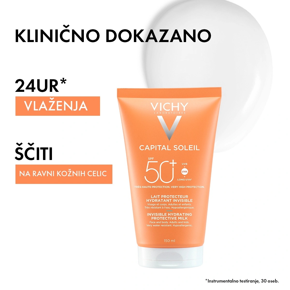 Vichy Capital Soleil nevidno vlažilno mleko za obraz in telo ZF 50+, 150 ml