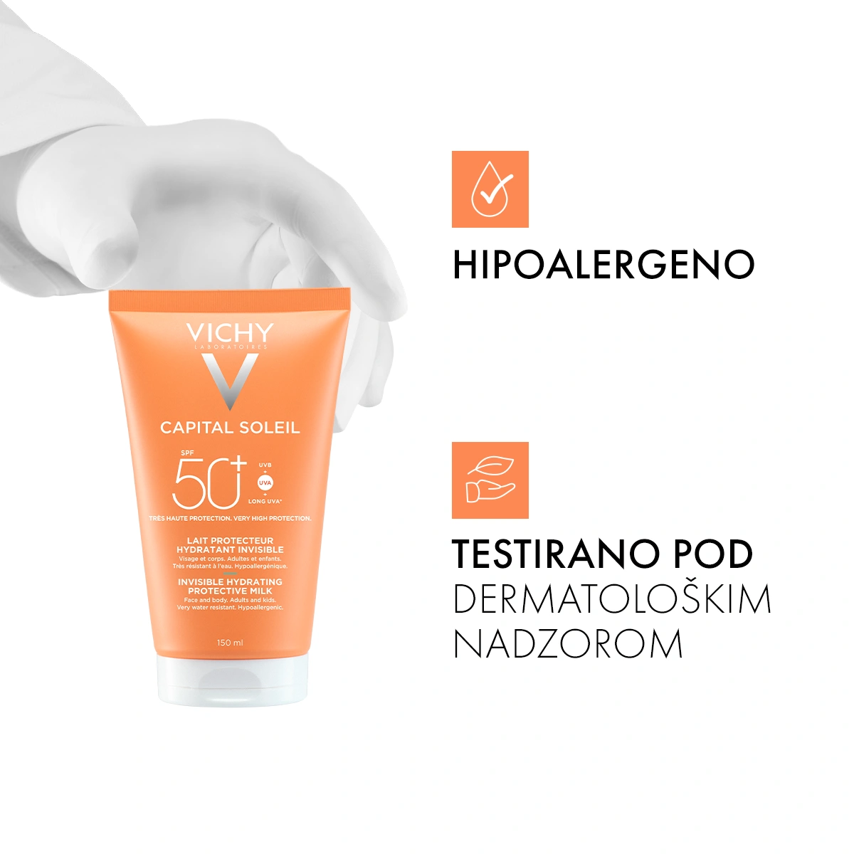 Vichy Capital Soleil nevidno vlažilno mleko za obraz in telo ZF 50+, 150 ml