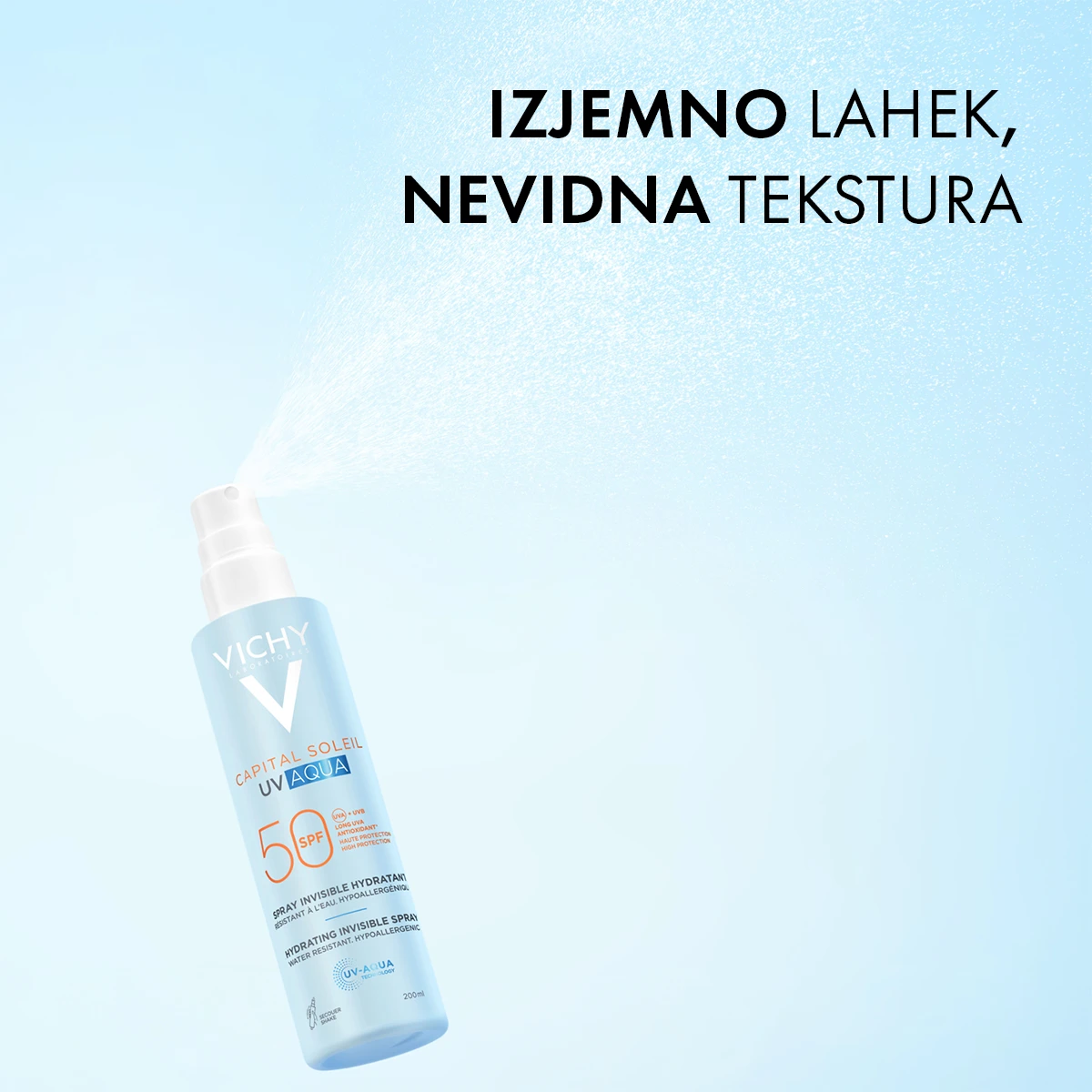 Vichy Capital Soleil UV-Aqua nevidno vlažilno pršilo za obraz in telo ZF 50, 200 ml