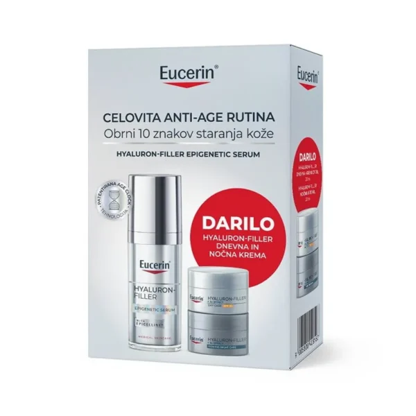 Eucerin Hyaluron-Filler paket: Epigenetic serum 30 ml + dnevna krema ZF 30 20 ml + nočna krema 20 ml