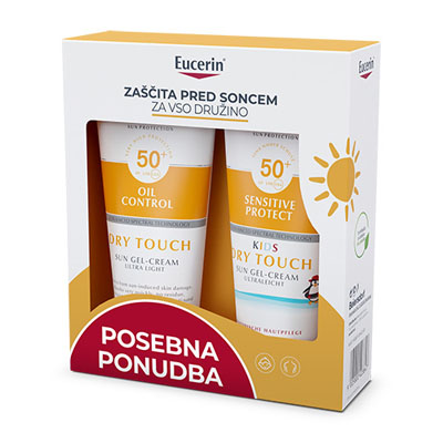 Eucerin Sun družinski paket: Kids Sensitive Protect Dry Touch ZF 50+ 200 ml + Oil Control Dry Touch ZF 50+ 200 ml
