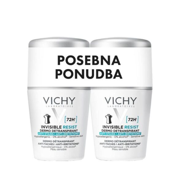 Vichy Deo Invisible Resist dezodorant antitranspirant proti madežem in razdraženosti 72h roll-on, 2x 50 ml