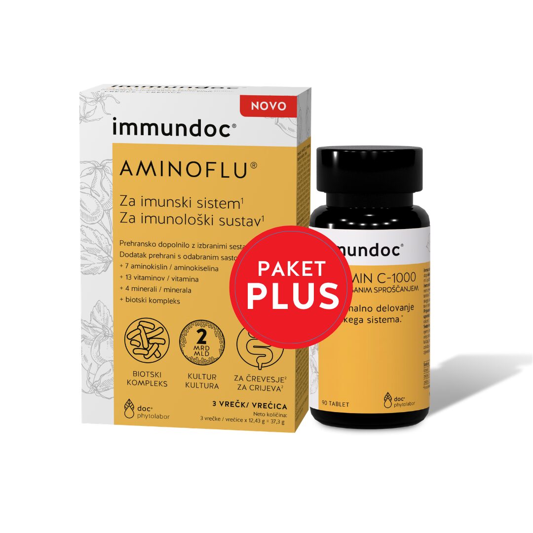 Immundoc paket plus: Aminoflu prašek, 10 vrečk + Vitamin C 1000 mg tablete, 90 tablet