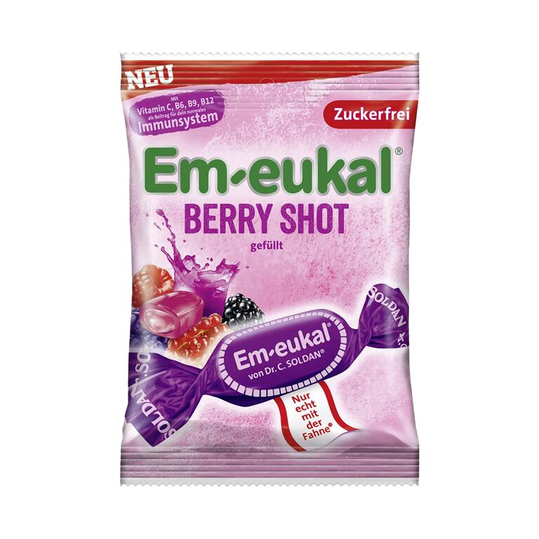 Dr. Soldan Em-Eukal Berry Shot trdi polnjeni sadni bonboni brez sladkorja, 75 g