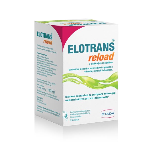 Elotrans Reload jabolko – izotonična mešanica elektrolitov in glukoze, 15 vrečk