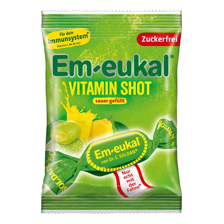 Dr. Soldan Em-Eukal Vitamin Shot kisli trdi polnjeni bonboni brez sladkorja, 75 g