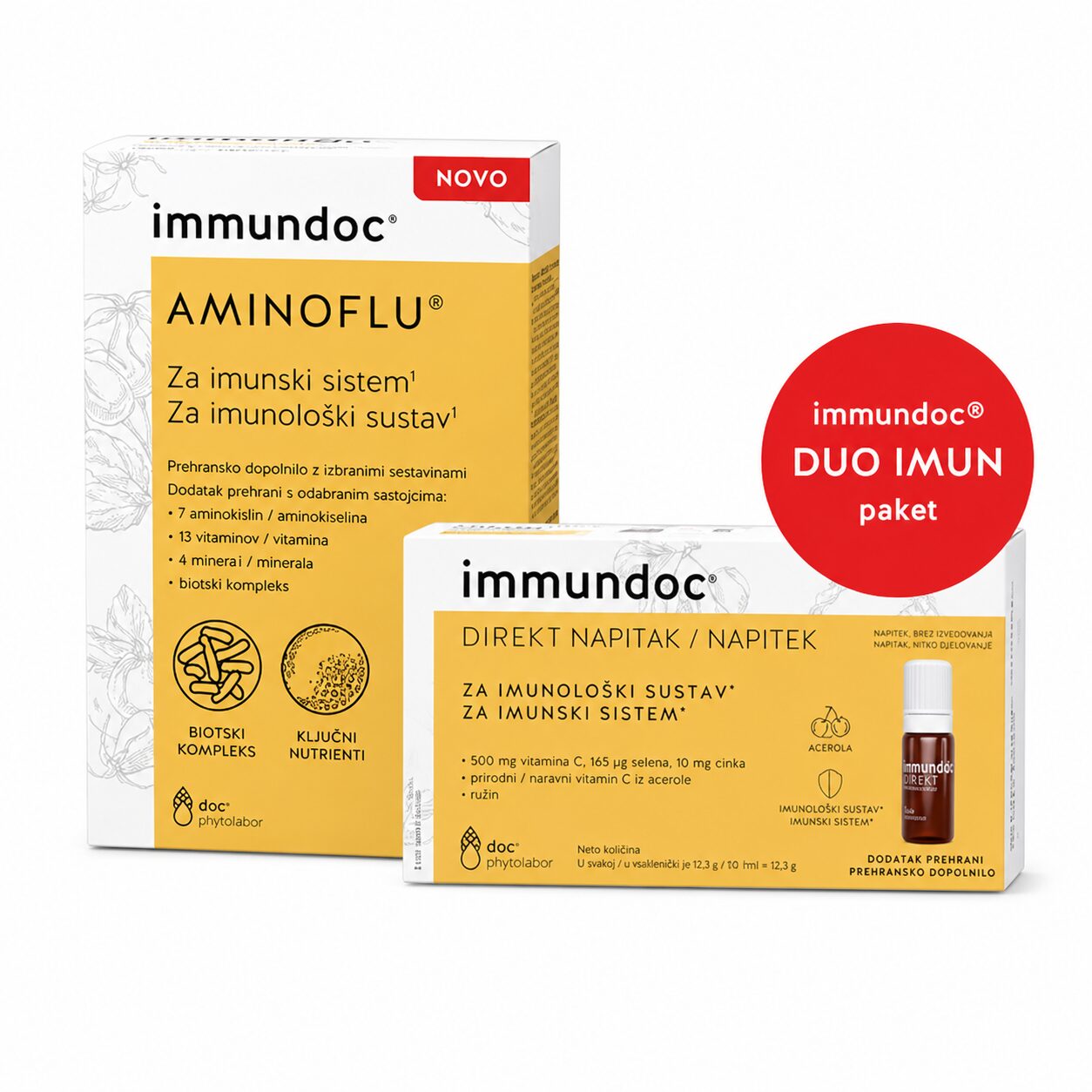 Immundoc Duo Imun paket: Direkt napitek, 12 stekleničk + Aminoflu prašek za napitek, 3 vrečke