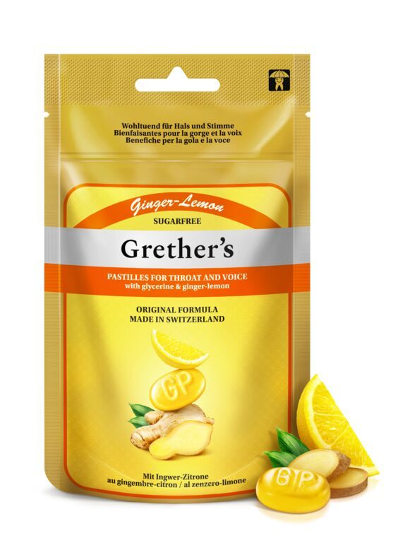 Grether’s pastile z okusom ingverja in limone – brez sladkorja (refill v vrečki), 110 g