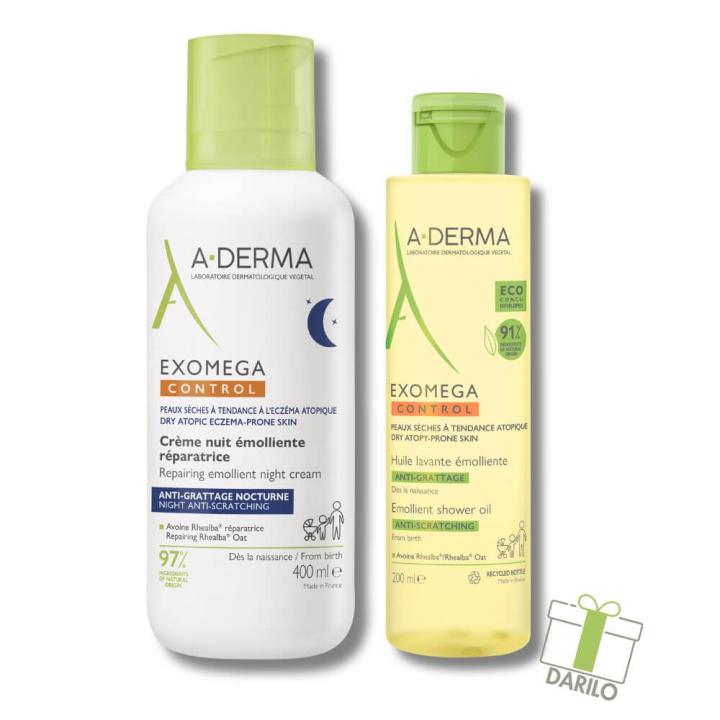 A-Derma Exomega Control paket: emolientna nočna krema, 400 ml + čistilno olje, 200 ml