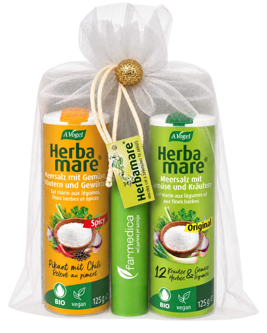 A.Vogel Herbamare novoletni paket, Original 125 g + Spicy Pikant 125 g + balzam za ustnice darilo