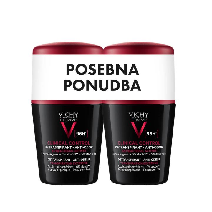 Vichy Homme Clinical Control Dezodorant detranspirant proti neprijetnemu vonju (96 h) roll-on, 2 x 50 ml
