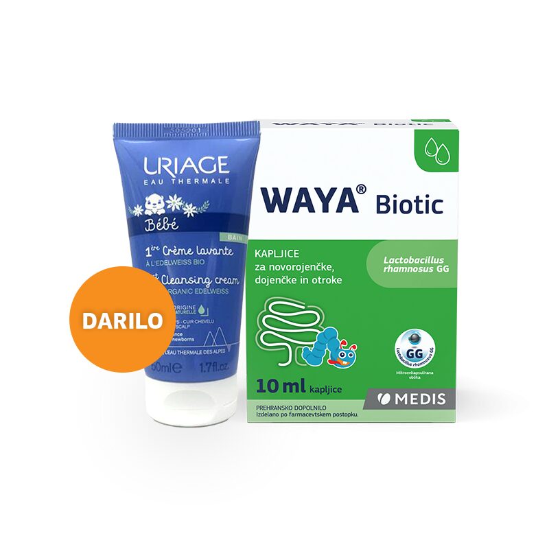WAYA Biotic kapljice za novorojenčke, dojenčke in otroke, 10 ml + Uriage 1er Bébé krema za umivanje, 50 ml DARILO